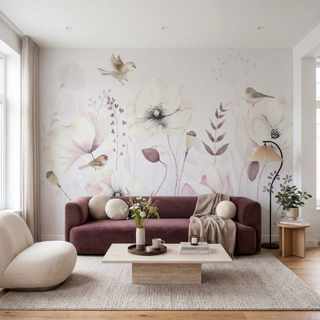 Vögelchen zwischen blassen Blüten in einem Interieur