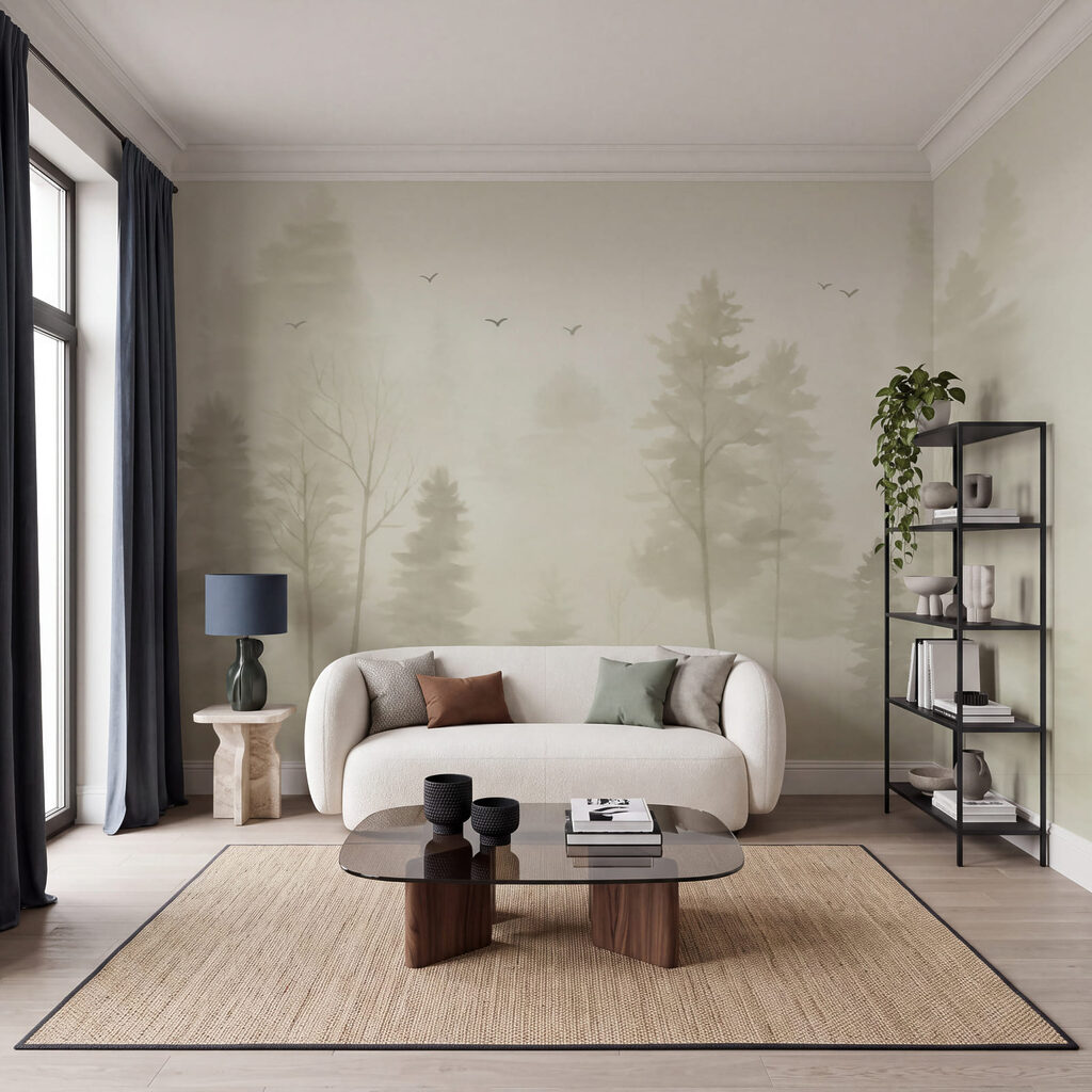 Nadelbäume im blassen Nebel in einem Interieur