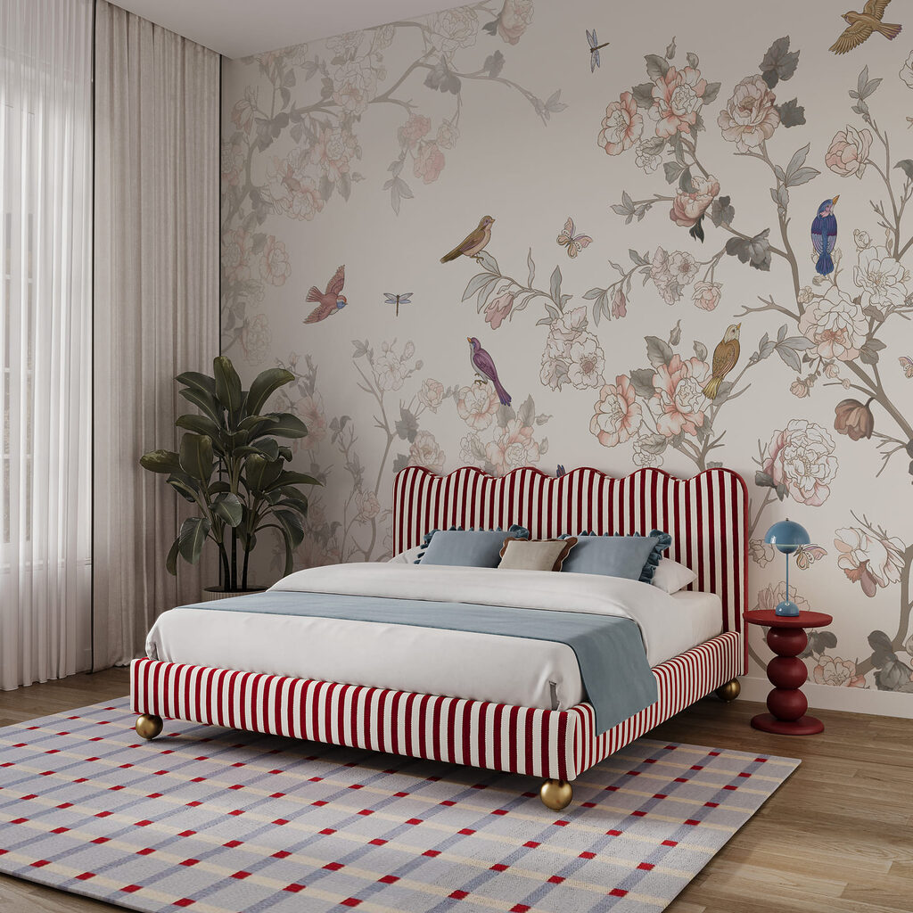 Vögel in feinen Blütenlinien in einem Interieur