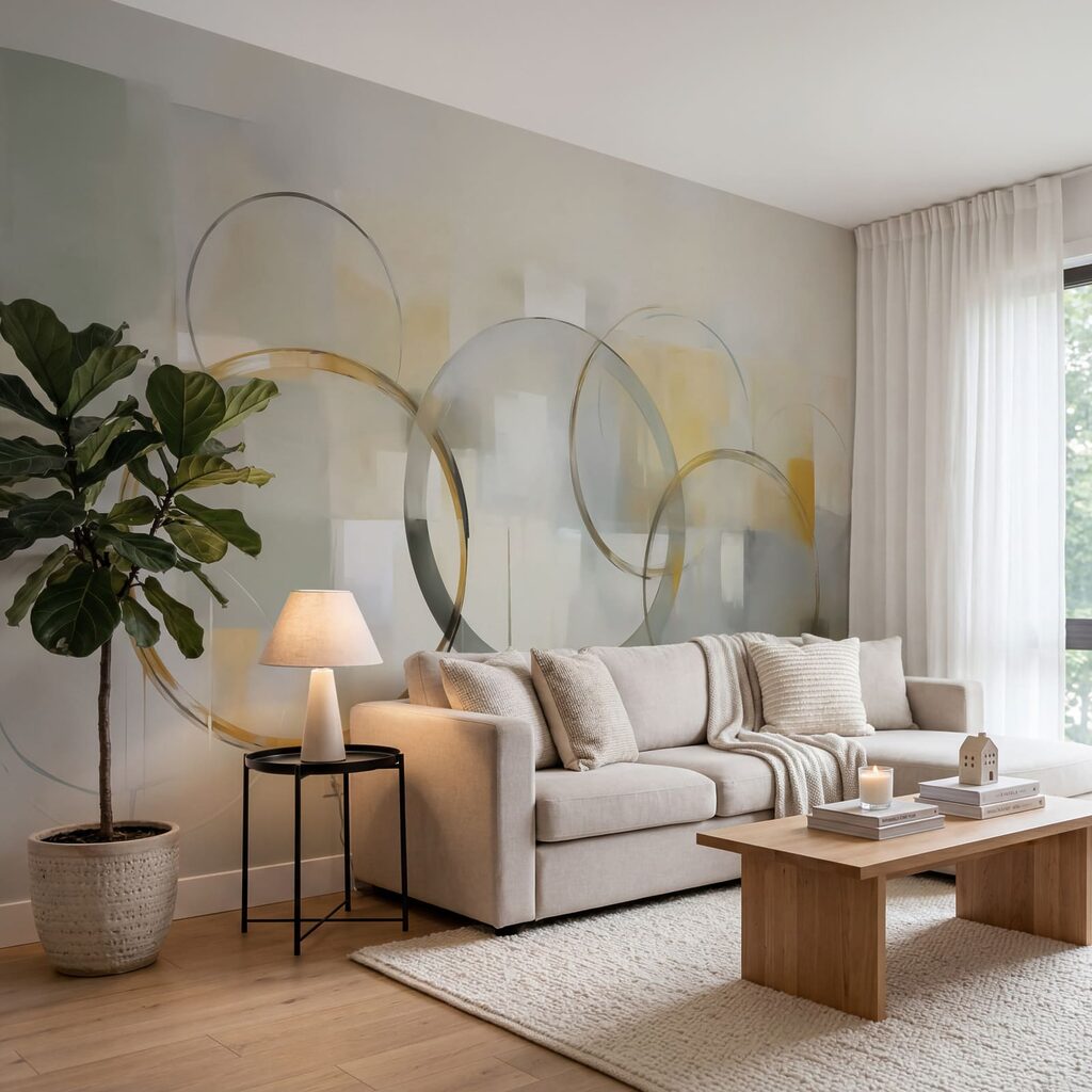 Goldene Kreise auf Farbflächen in einem Interieur