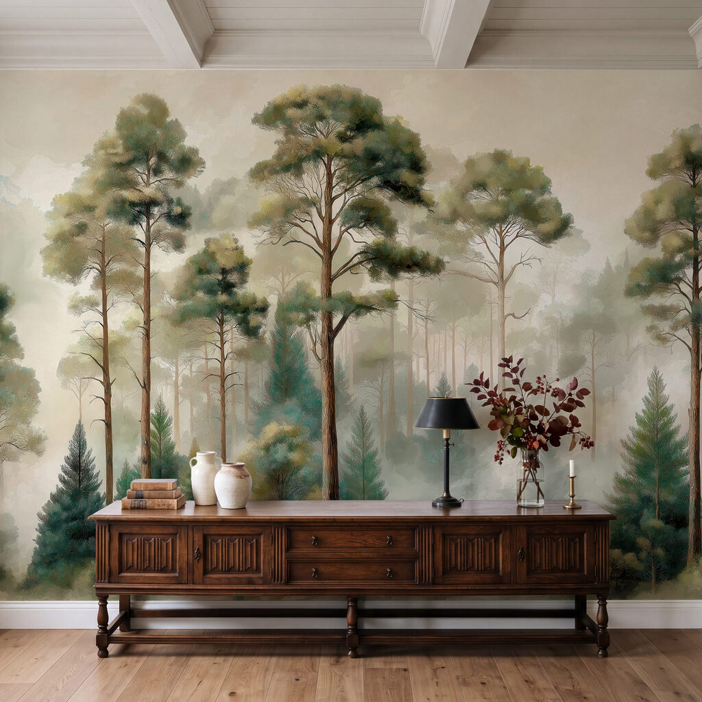Hohe Bäume im Morgengrün in einem Interieur