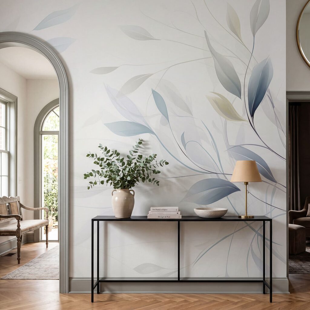 Blaue Blattlinien auf Weiß in einem Interieur