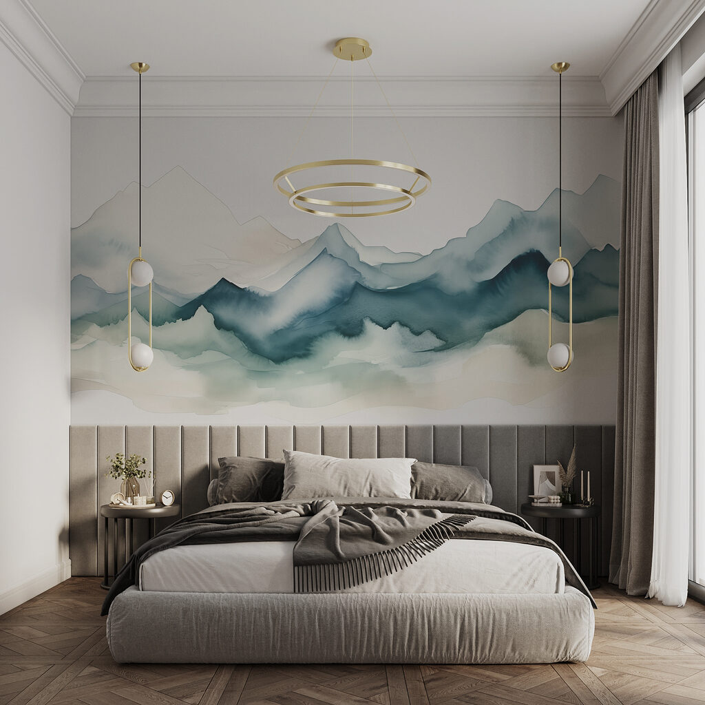 Blaue Berge in Aquarell in einem Interieur