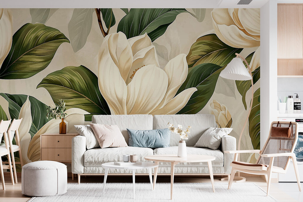 Cremeweiße Kelche im Grün in einem Interieur