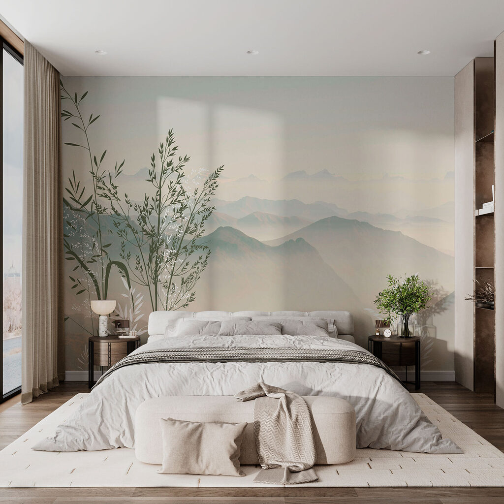 Gräser vor fernen Bergen in einem Interieur