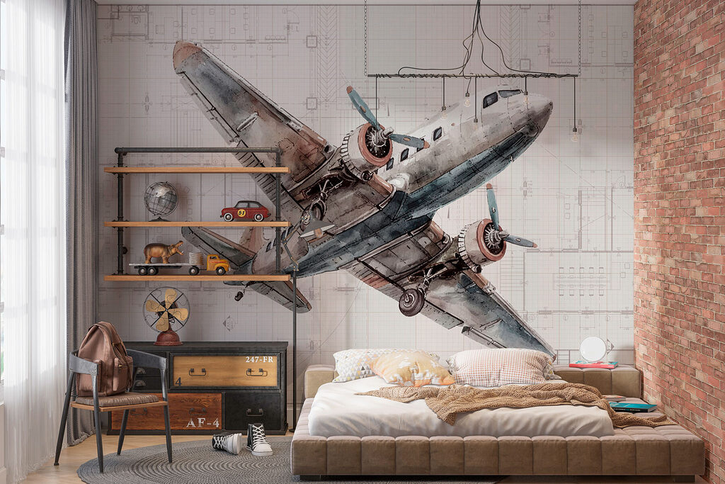 Altes Flugzeug auf Zeichenpapier in einem Interieur