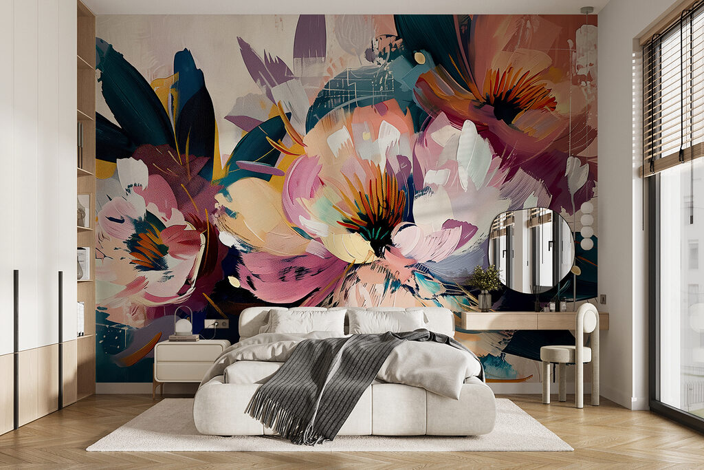 Blumen in kräftigen Pinselstrichen in einem Interieur