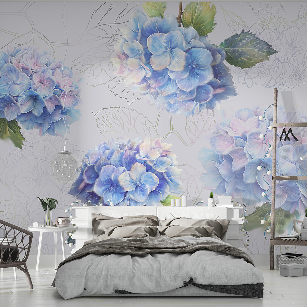 Hortensien mit gezeichneten Blättern in einem Interieur