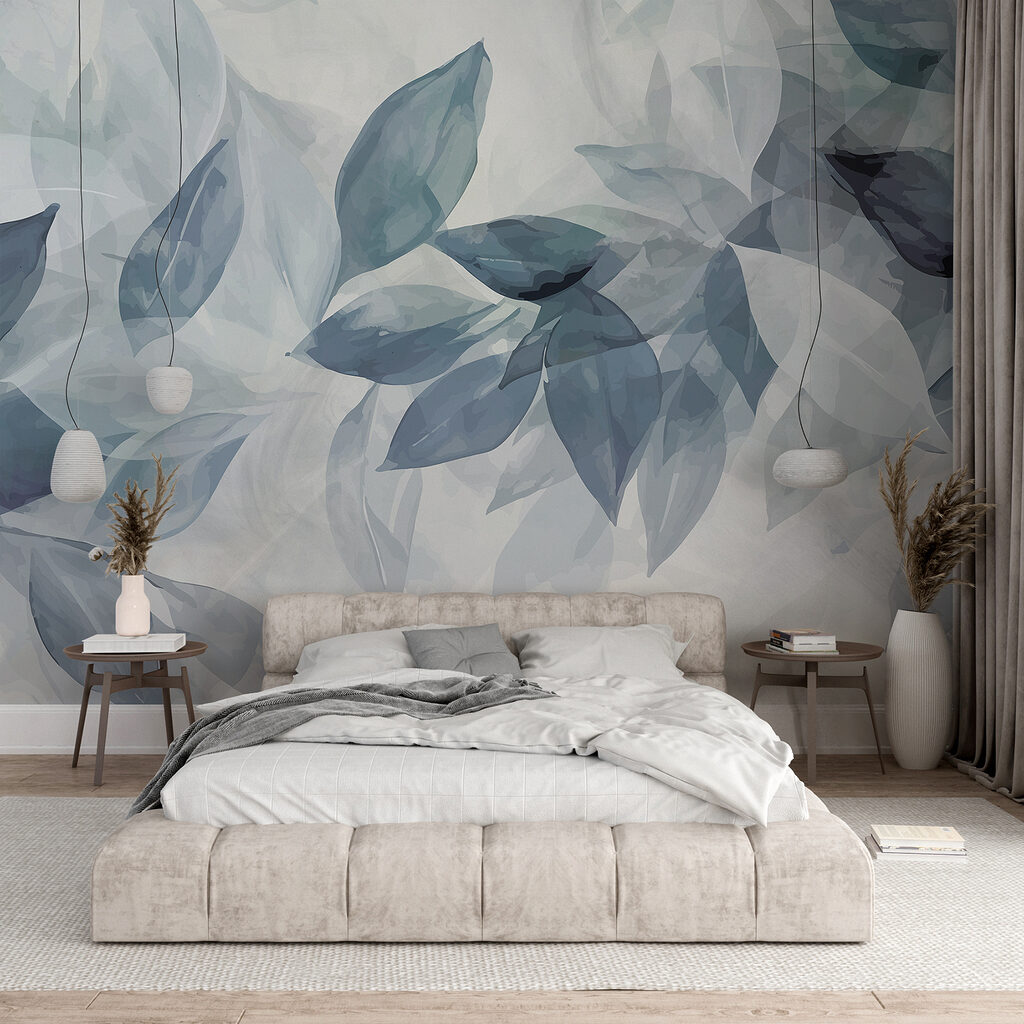 Blaue Blätter übereinander in einem Interieur