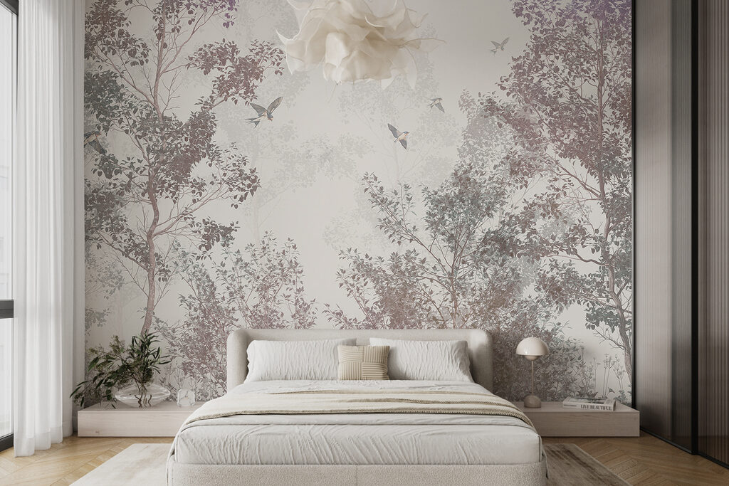 Vögel über den Bäumen in einem Interieur