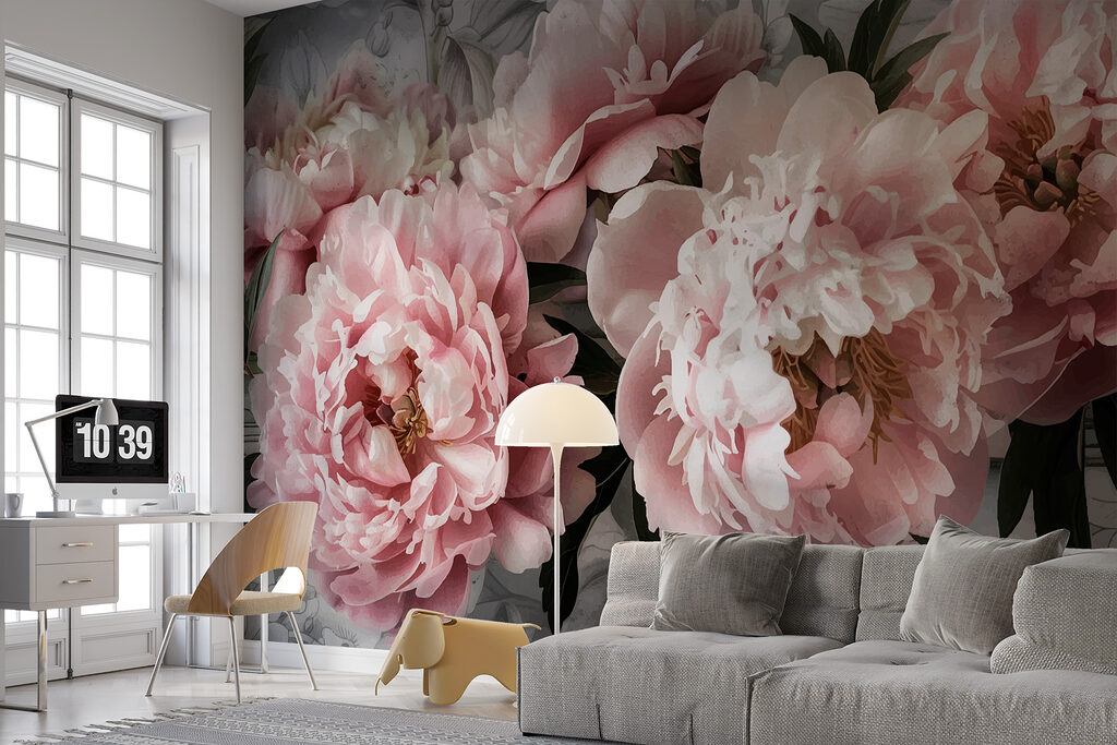 Rosa Blüten auf Dunkelgrün in einem Interieur