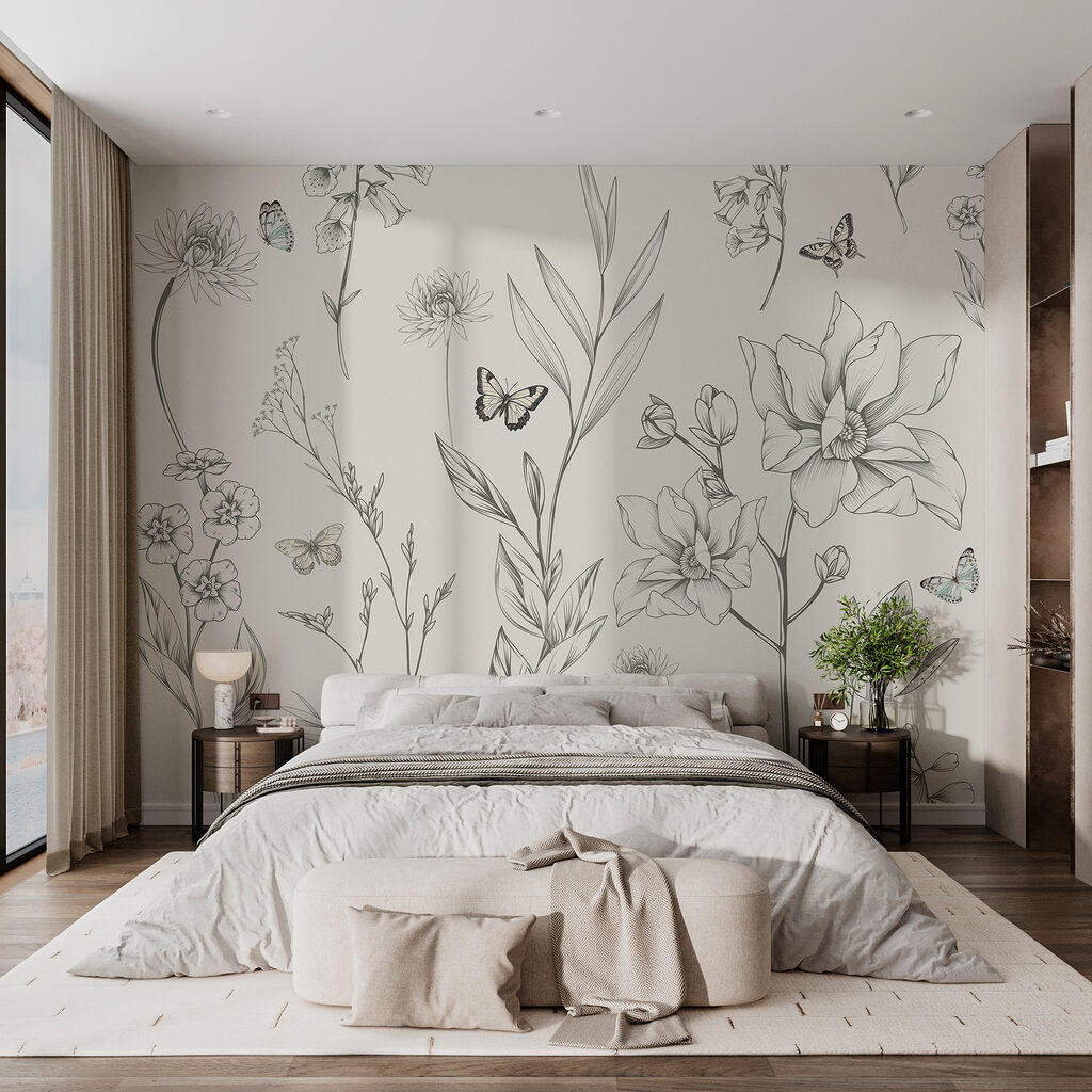 Schmetterlinge und gezeichnete Blüten in einem Interieur