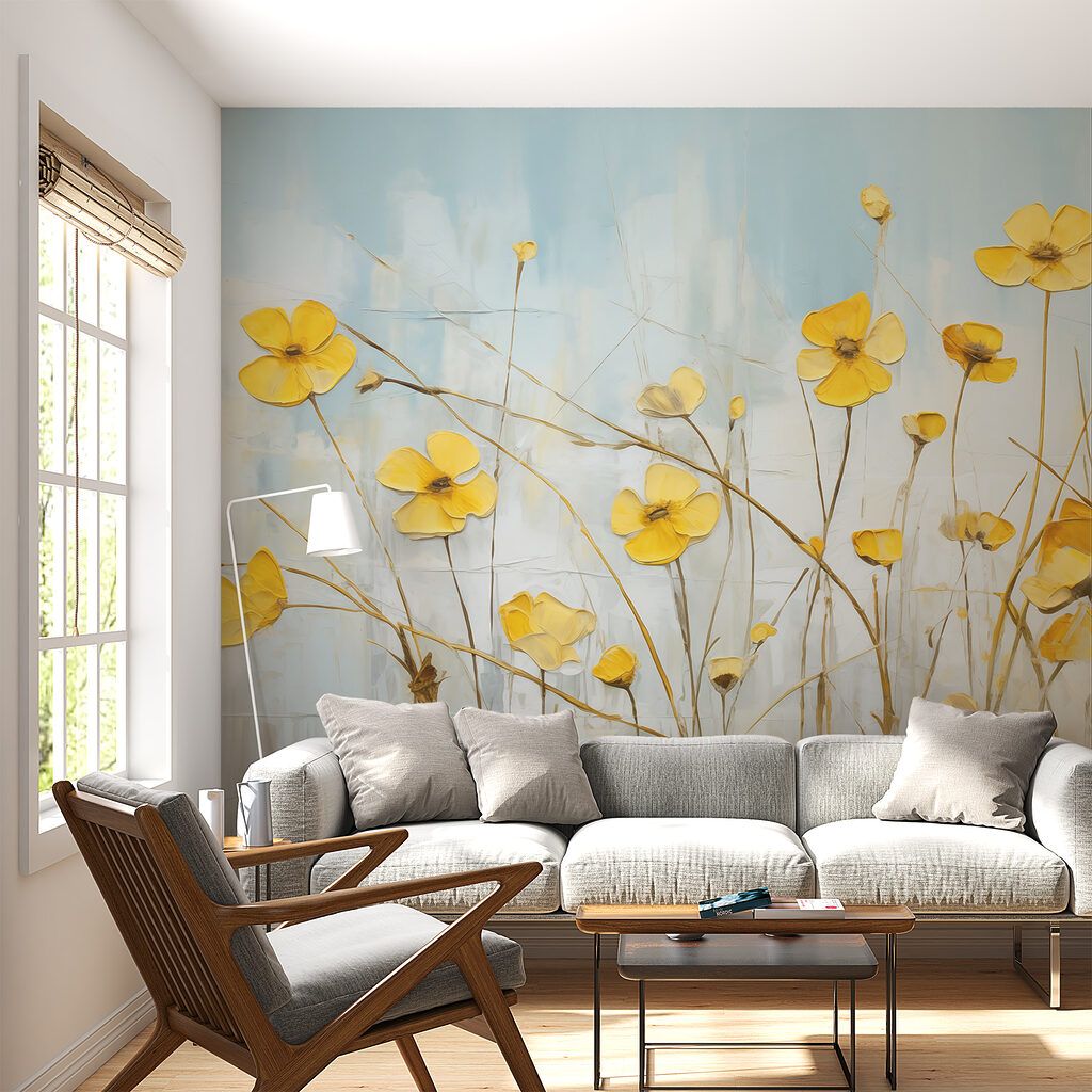Gelbe Blüten an Stielen in einem Interieur