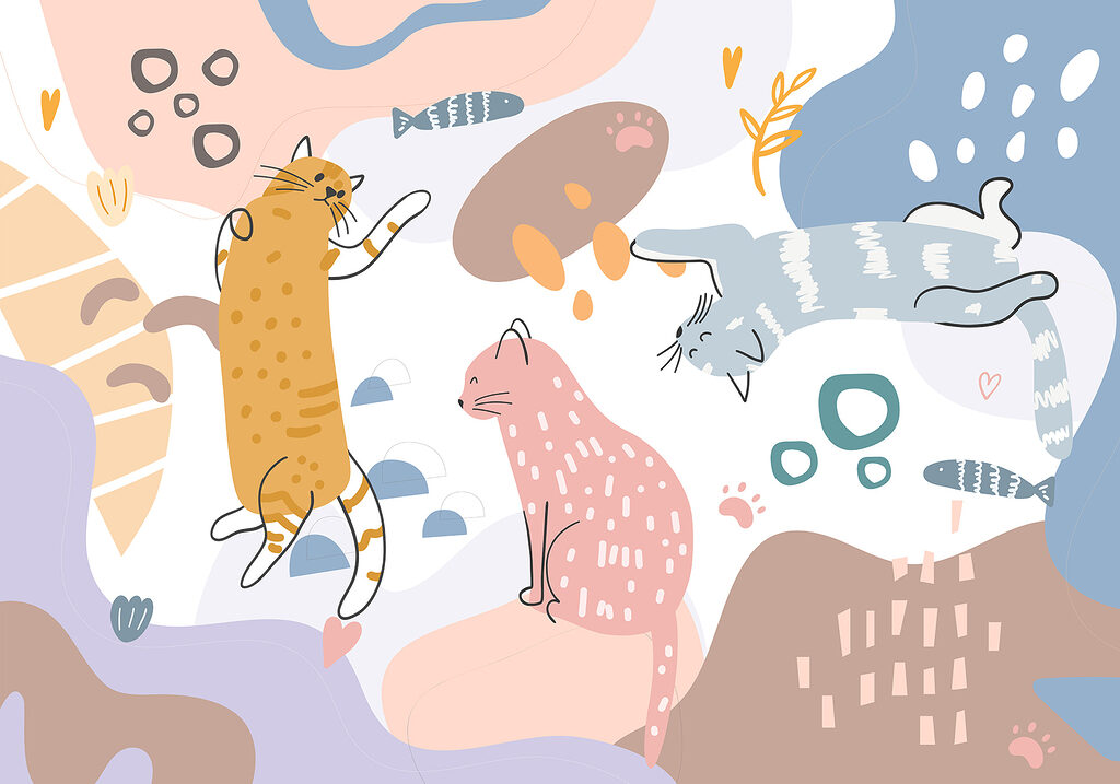 Verspielte Katzen und Fische — ganzes Design