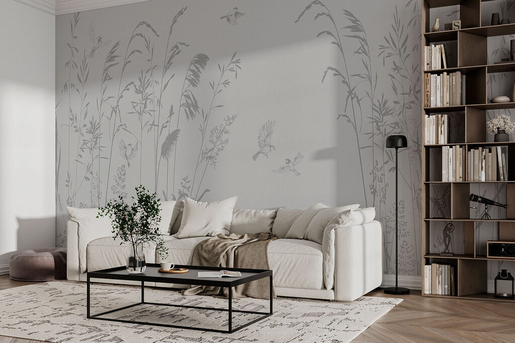 Vogelflug zwischen Halmen in einem Interieur