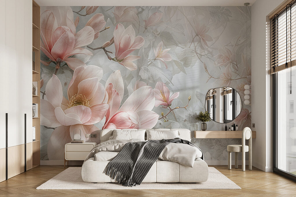Rosa Blüten auf Blaugrau in einem Interieur