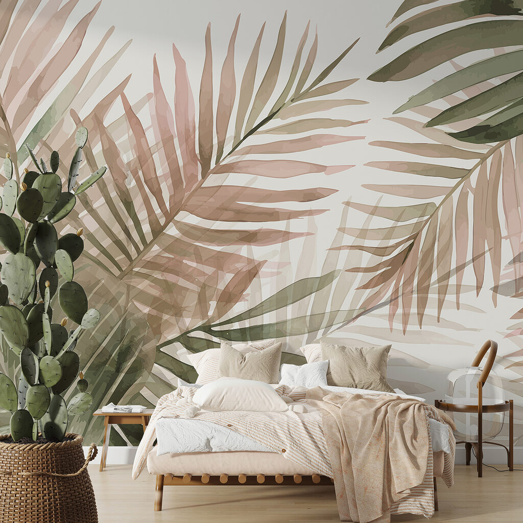 Olivgrüne und rosa Palmwedel in einem Interieur