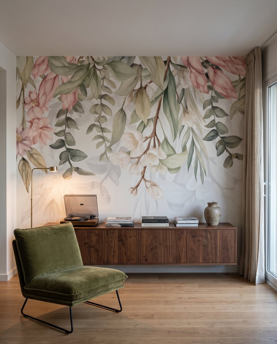 Blütenranken über stillem Weiß in einem Interieur