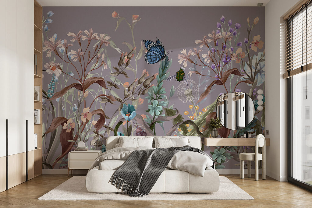 Blumenfeld mit Schmetterlingen in einem Interieur