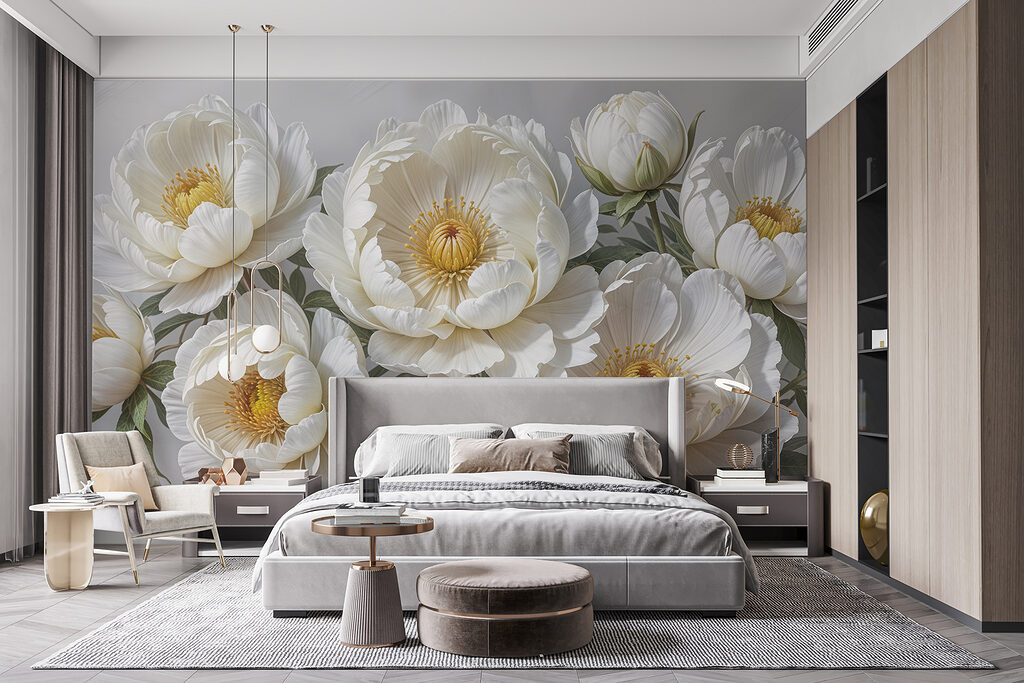 Weiße Blüten mit Sonnenherz in einem Interieur