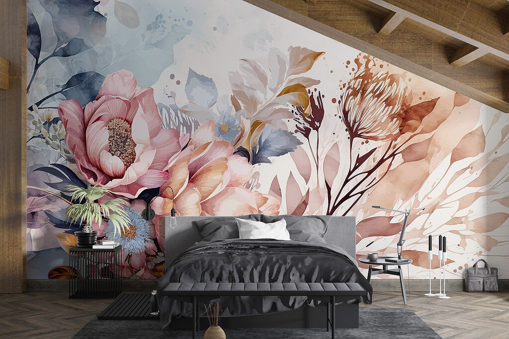 Rosa Blüten im Farbnebel in einem Interieur
