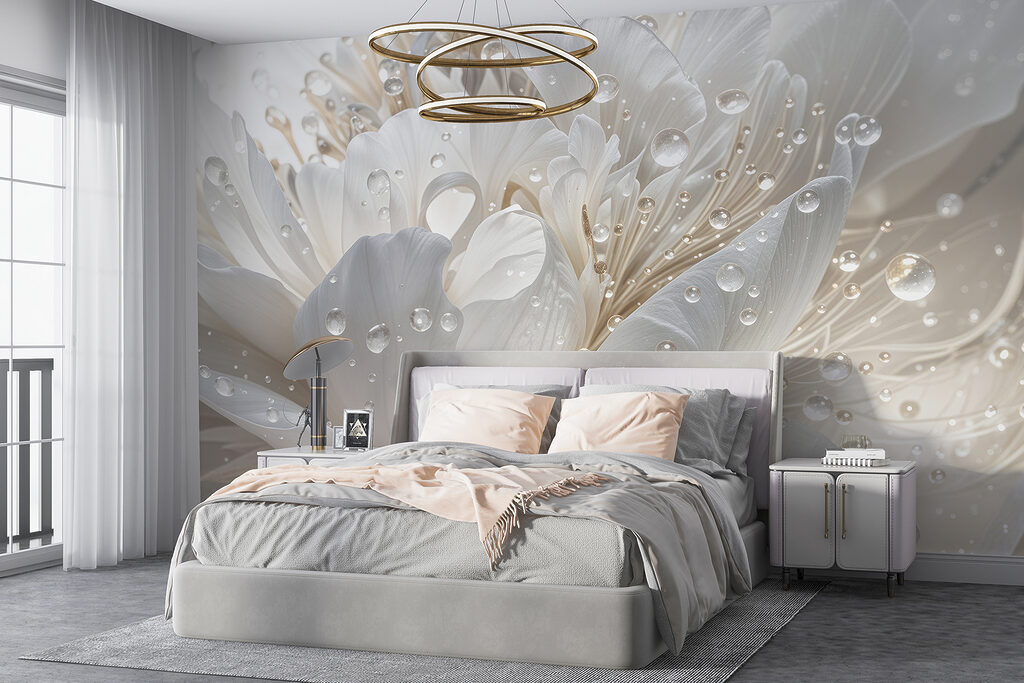Weiße Blüte mit Glanztropfen in einem Interieur