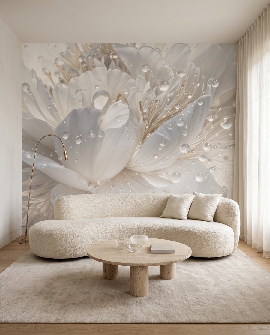 Weiße Blüte mit Glanztropfen in einem Interieur