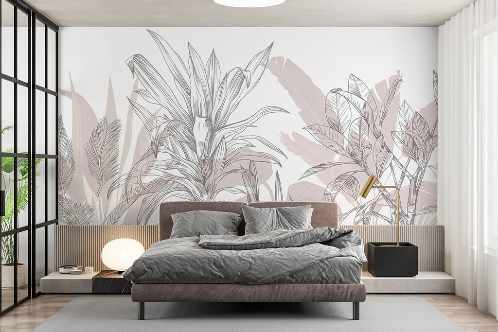 Tropenblatt in zarten Bleistiftlinien in einem Interieur