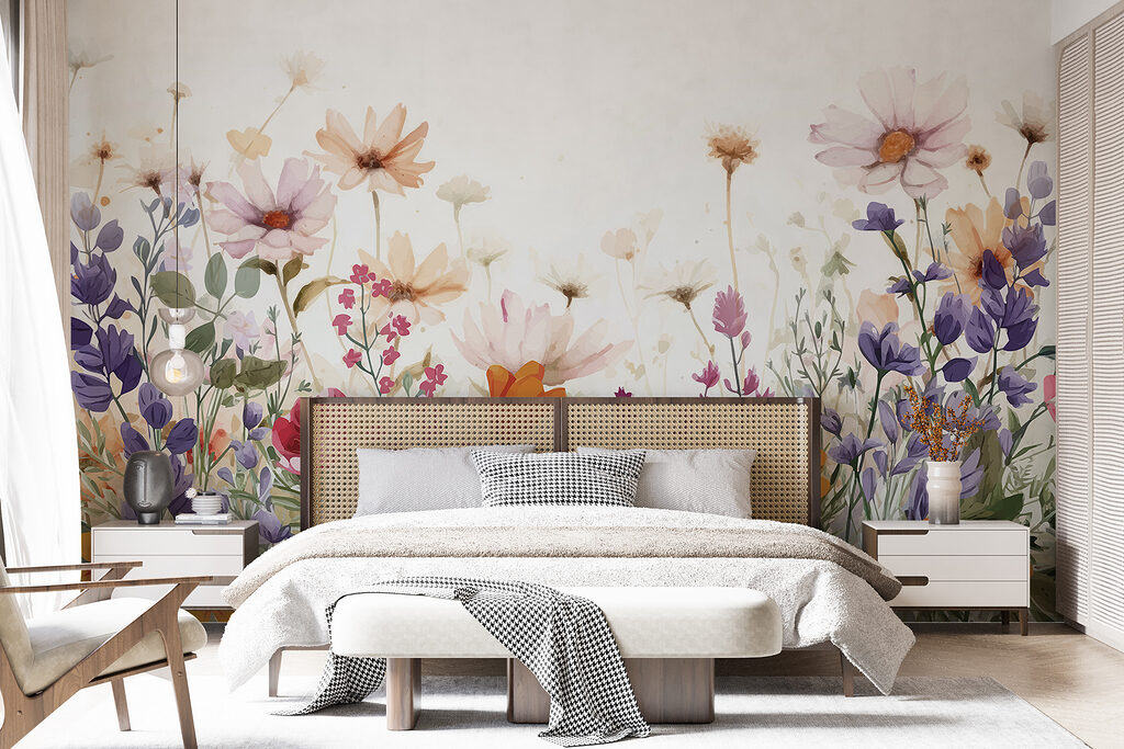 Wildblumen in bunter Reihe in einem Interieur