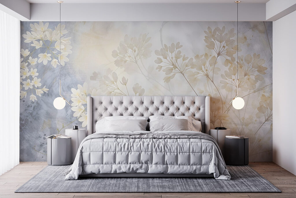Weiße Blüten im Nebel in einem Interieur