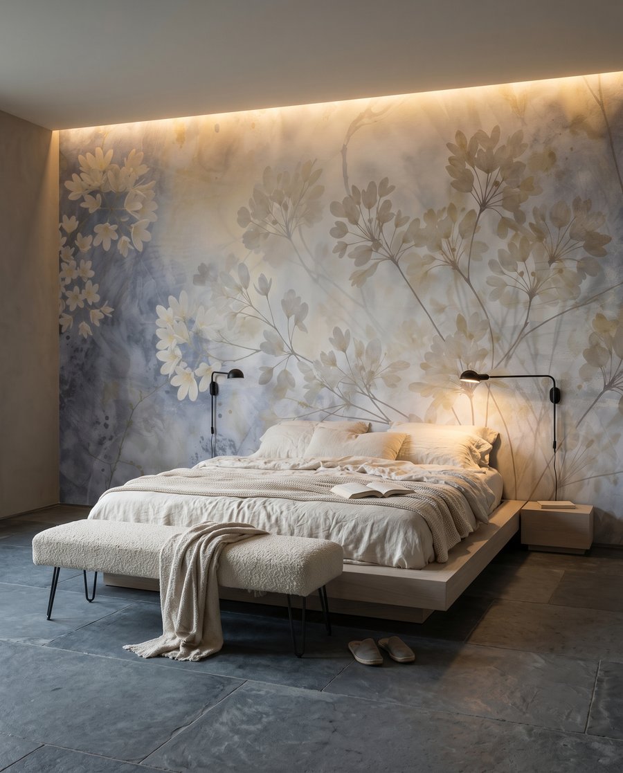 Weiße Blüten im Nebel in einem Interieur