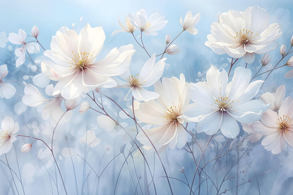 Weiße Blüten unterm Himmel — ganzes Design