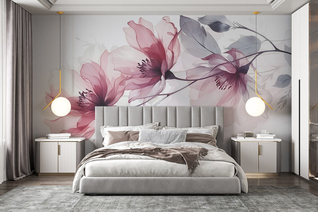 Schlanker rosa Blütenzweig in einem Interieur
