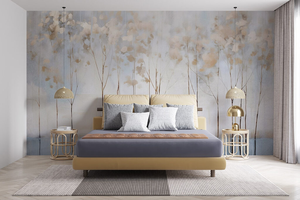 Blütenstiele vor blauen Pinselstrichen in einem Interieur
