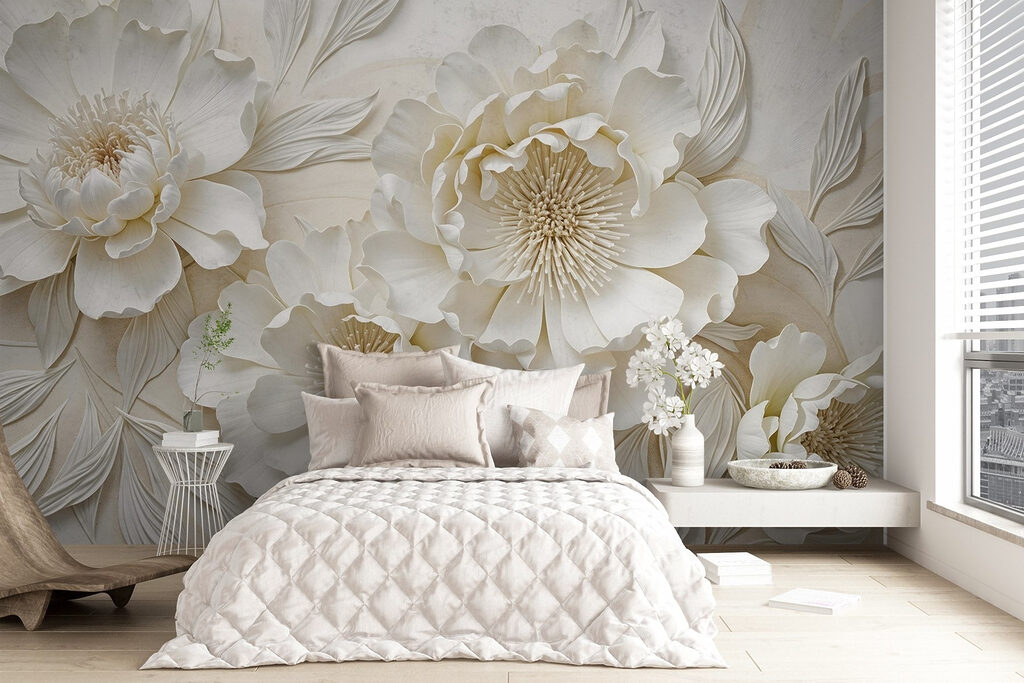 Weiße Blüten mit Goldherzen in einem Interieur