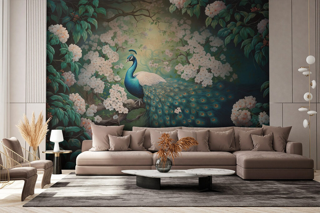 Pfau im Blumengarten in einem Interieur
