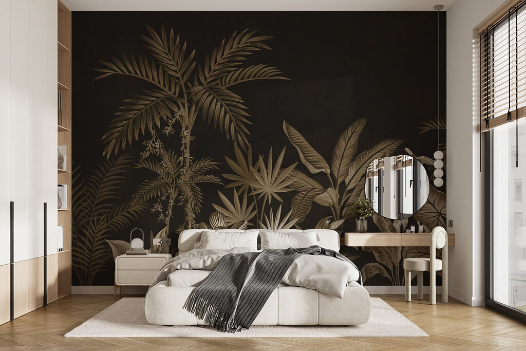 Tropengarten mit schlanken Palmen in einem Interieur
