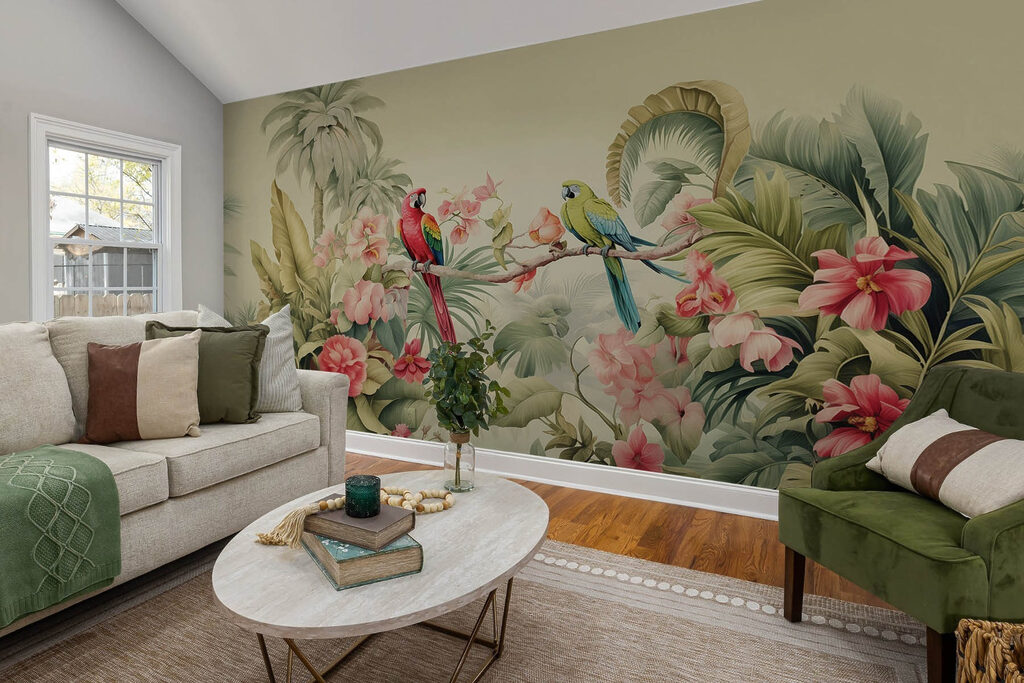 Papageien zwischen Blüten in einem Interieur