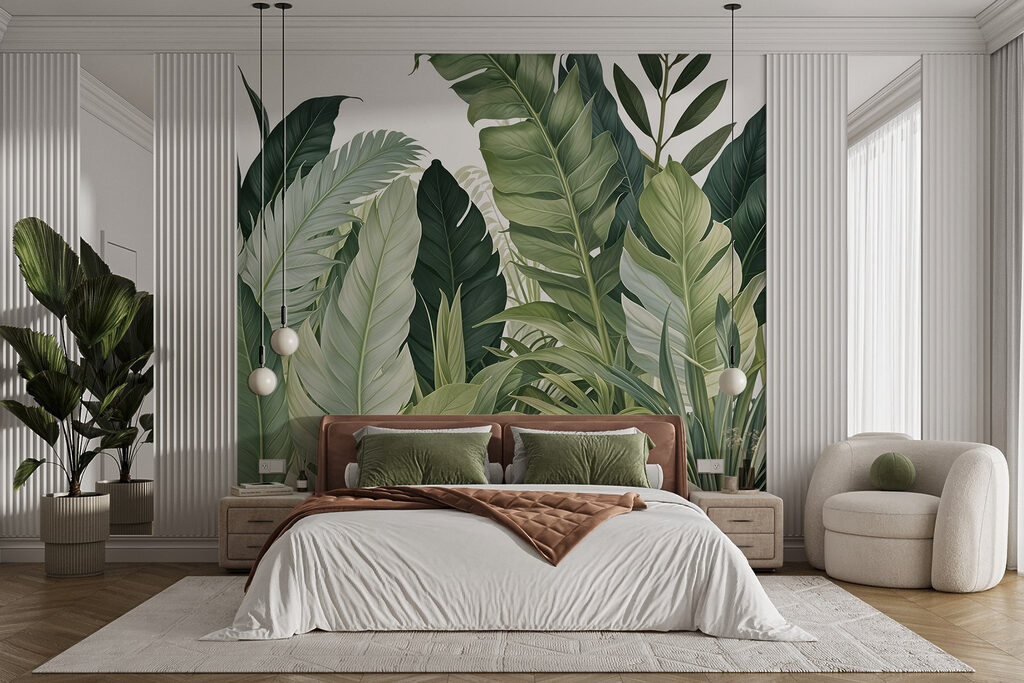 Tropenblätter mit weißen Adern in einem Interieur