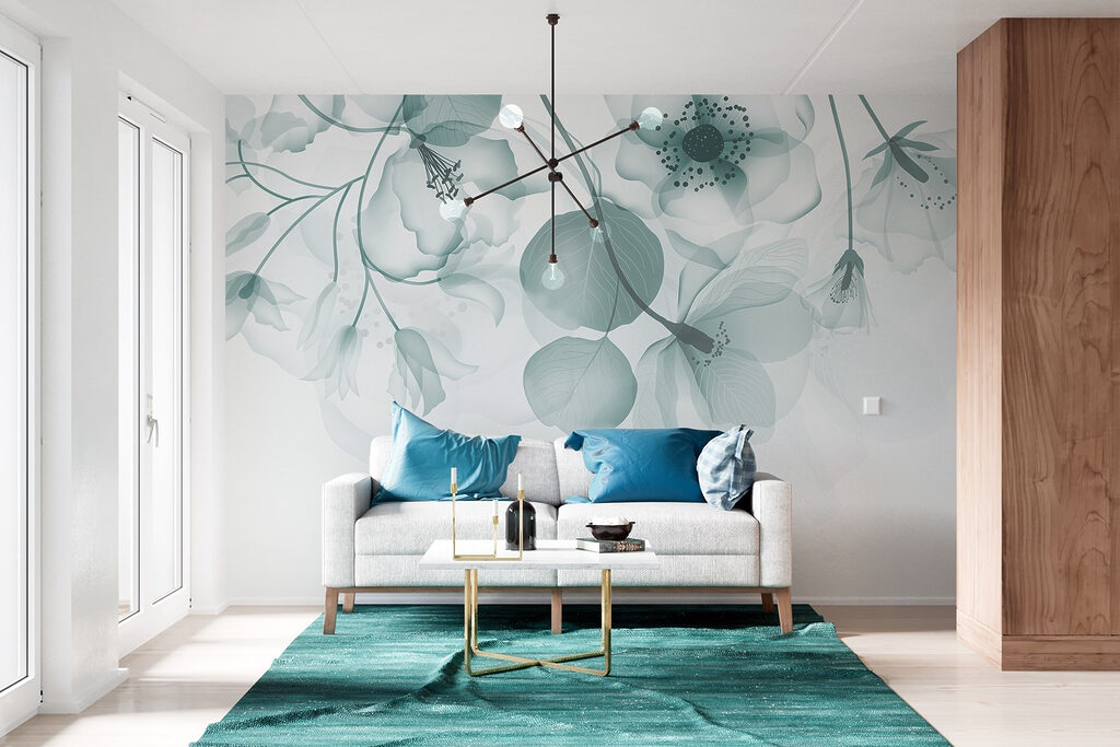 Blüten über runden Blättern in einem Interieur
