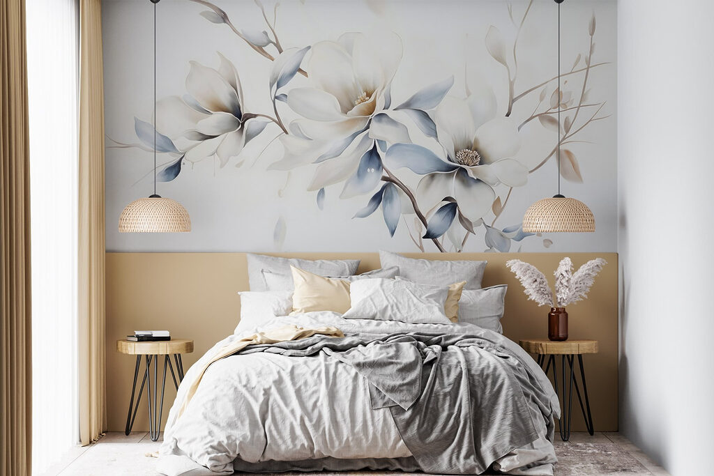 Blauweiße Blüten am Zweig in einem Interieur