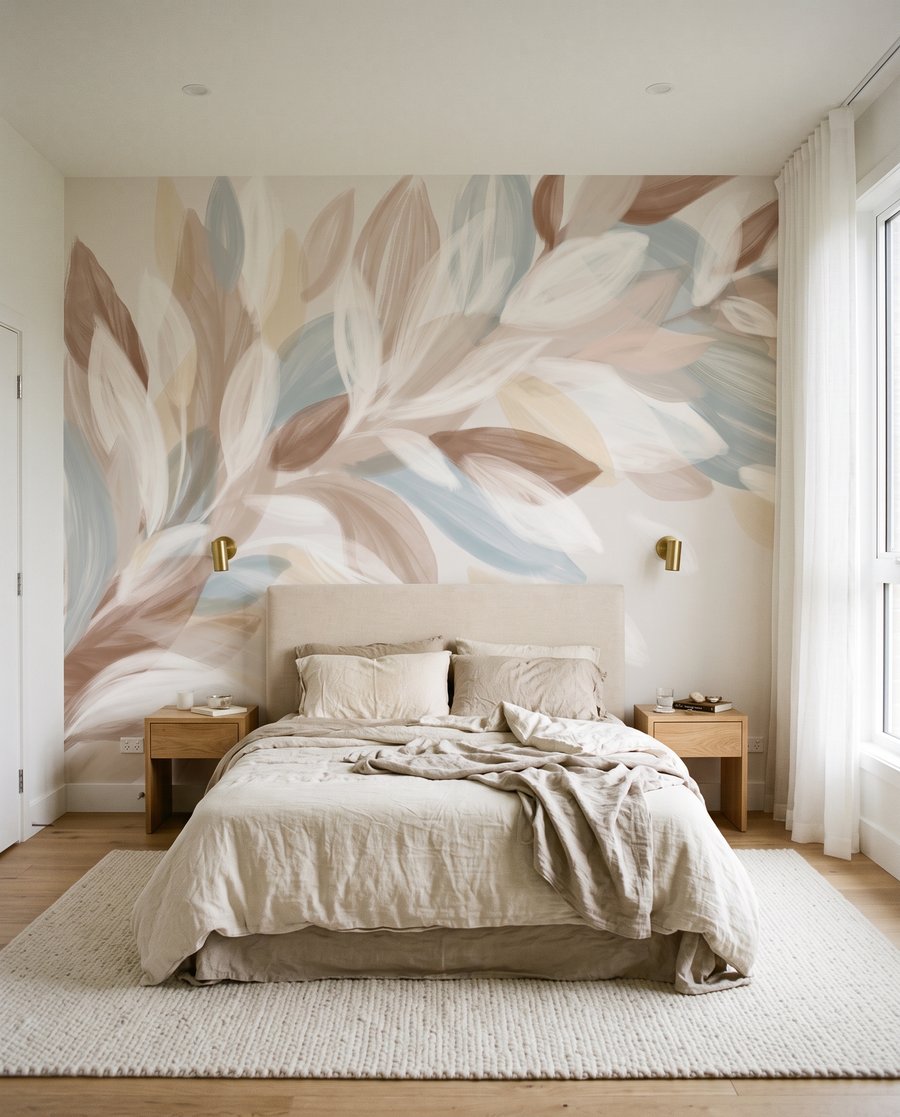 Helle Blätter in Pinselstrichen in einem Interieur