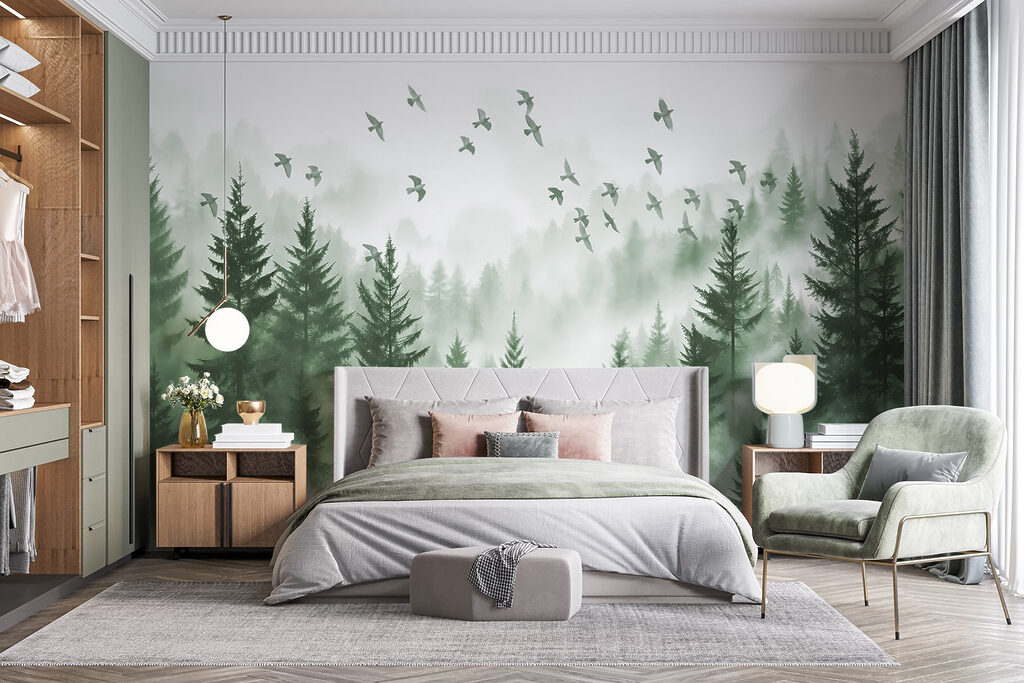 Vogelflug über dem Wald in einem Interieur