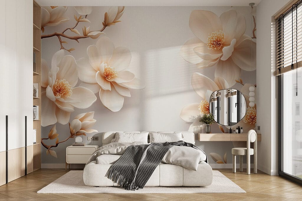 Weiße Blüten mit Schattenwurf in einem Interieur