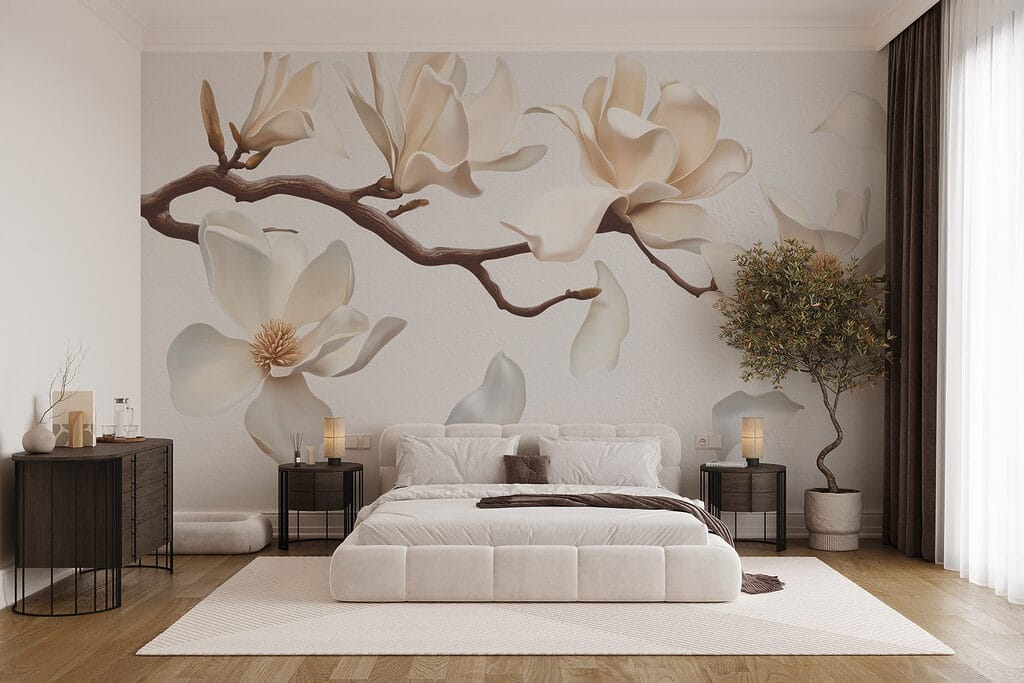 Weiße Blüten am Ast in einem Interieur