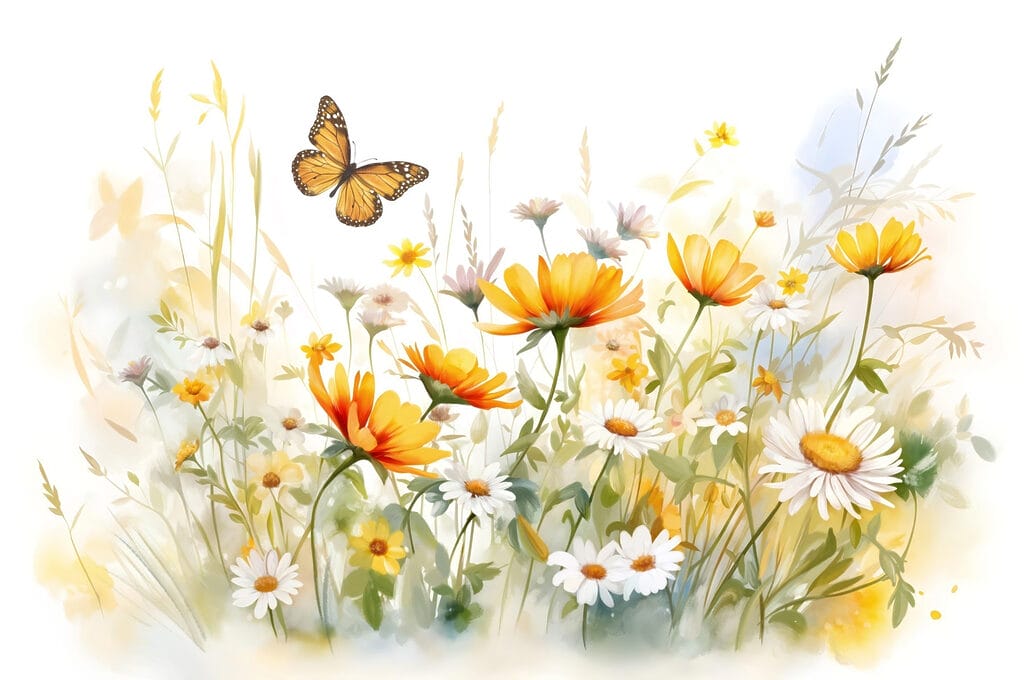 Schmetterling über Wiesenblumen — ganzes Design