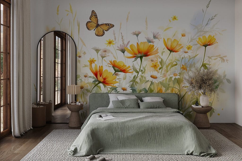 Schmetterling über Wiesenblumen in einem Interieur