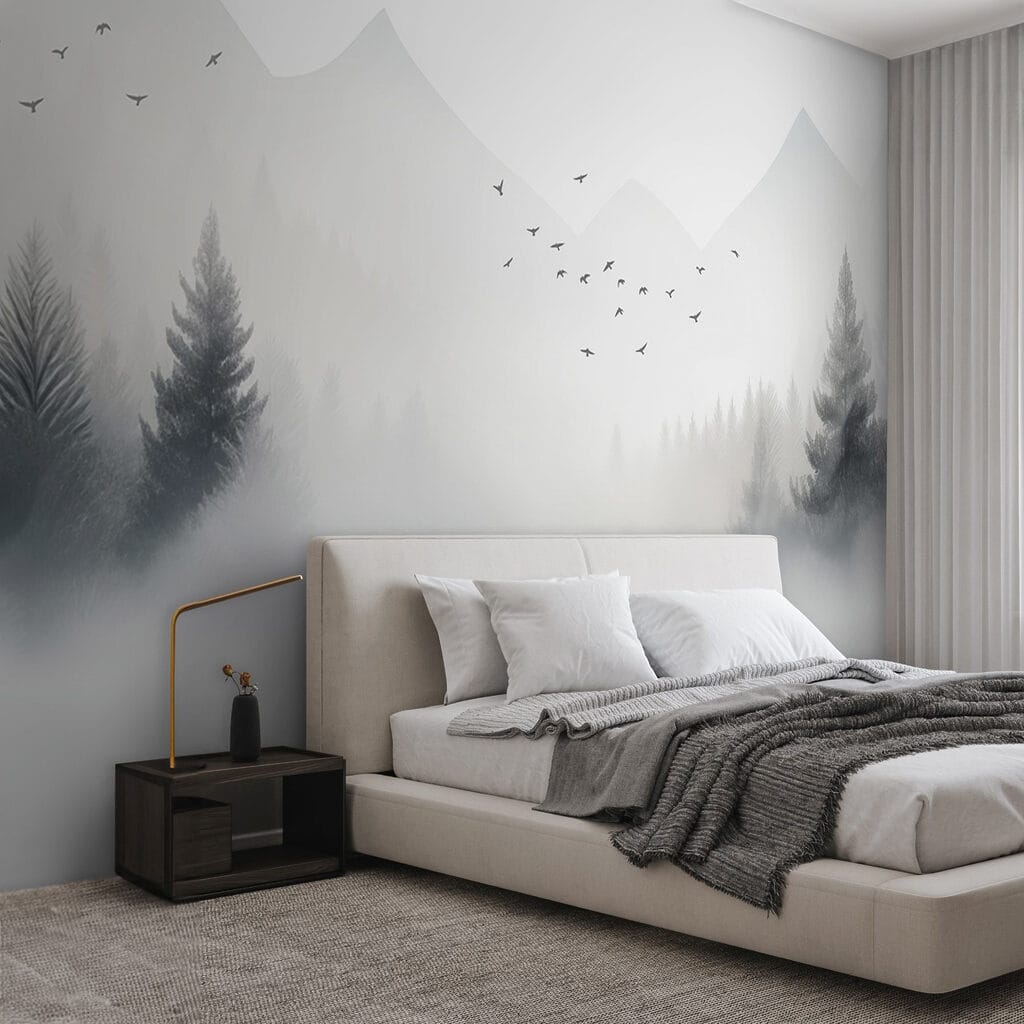 Vögel über stillen Bergen in einem Interieur