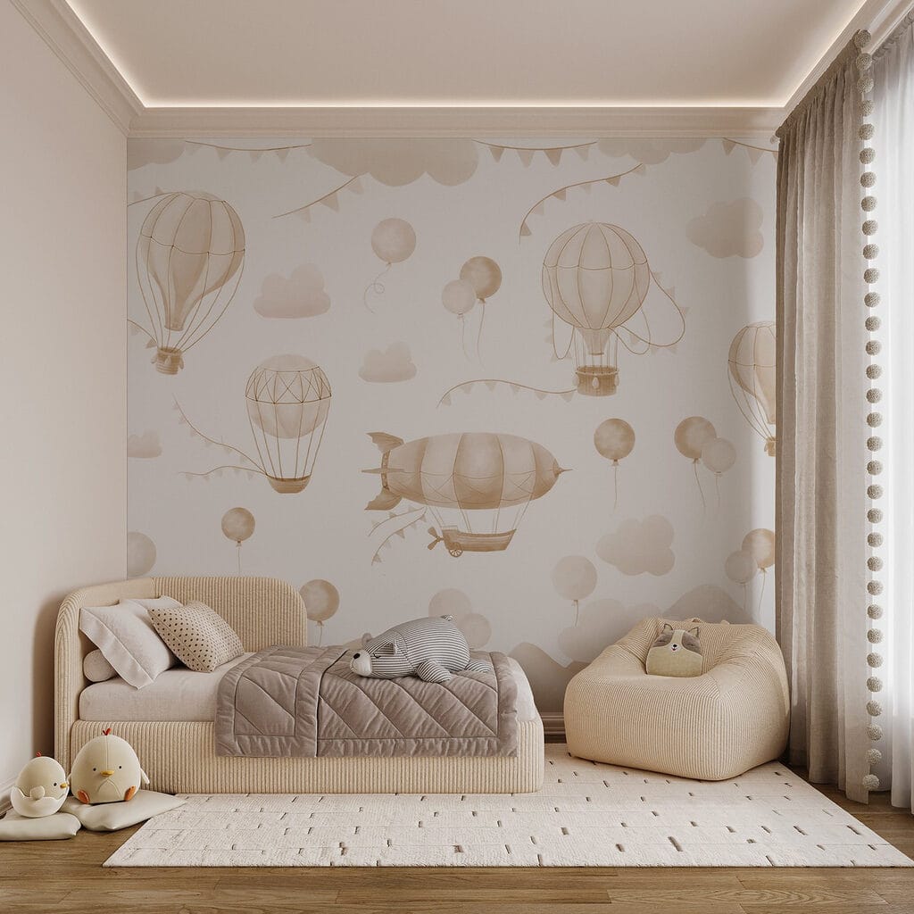 Heißluftballons über Bergen in einem Interieur