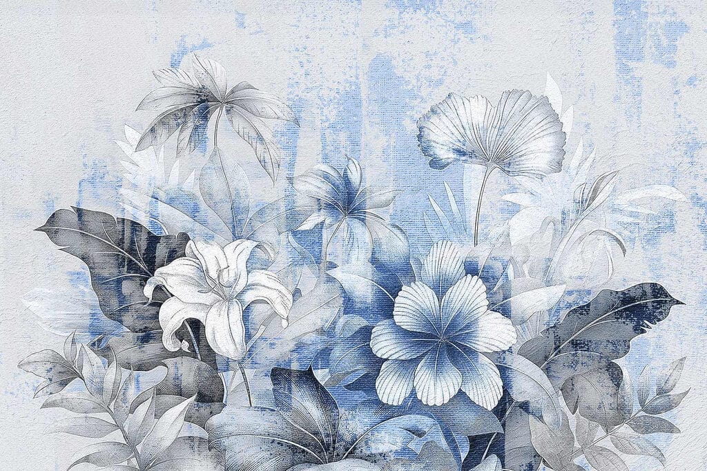 Blüten zwischen verwitterten Flächen — ganzes Design